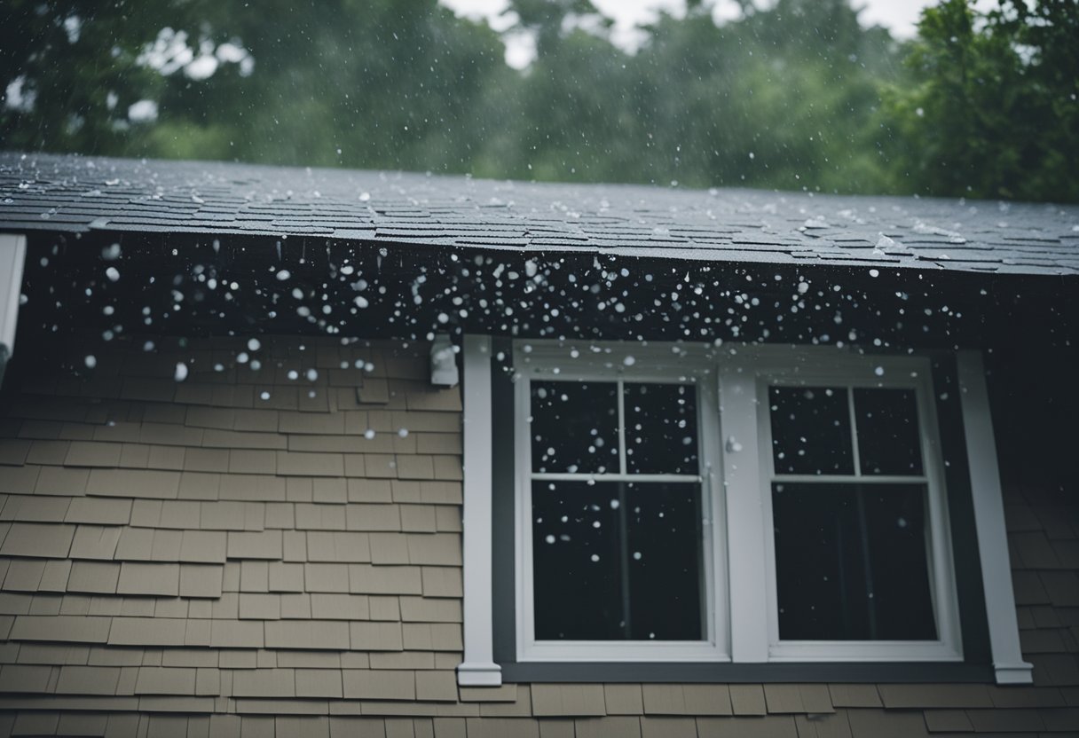 A house with a shingle roof being bombarded by hail during a Mid-Atlantic storm. The hail is bouncing off the roof, causing potential damage