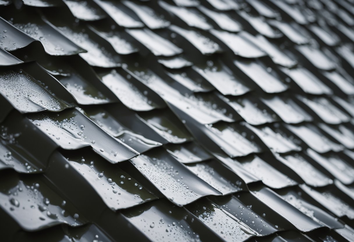 A roof being bombarded by hail during a Mid-Atlantic storm, with protective measures such as hail-resistant roofing materials and gutter guards in place