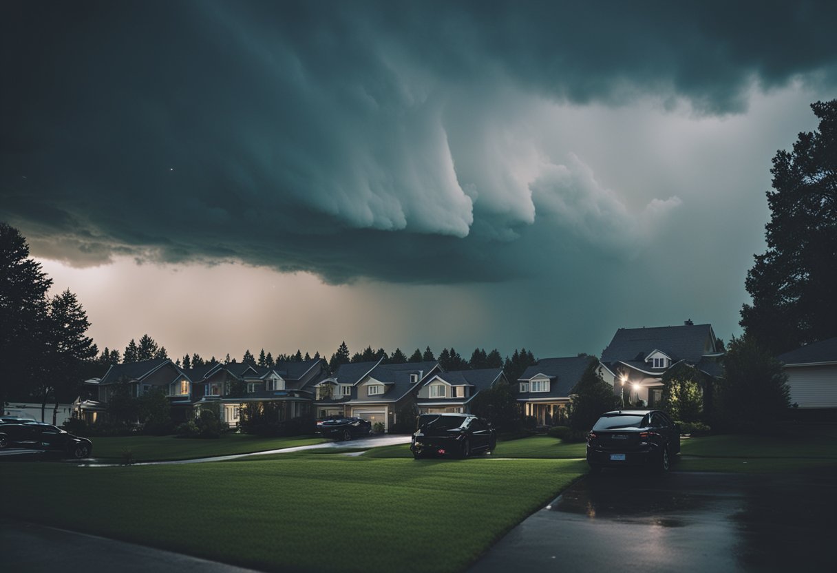 A stormy sky over a suburban neighborhood, with hailstones bouncing off rooftops and bouncing on the ground. Trees and cars show signs of hail damage
