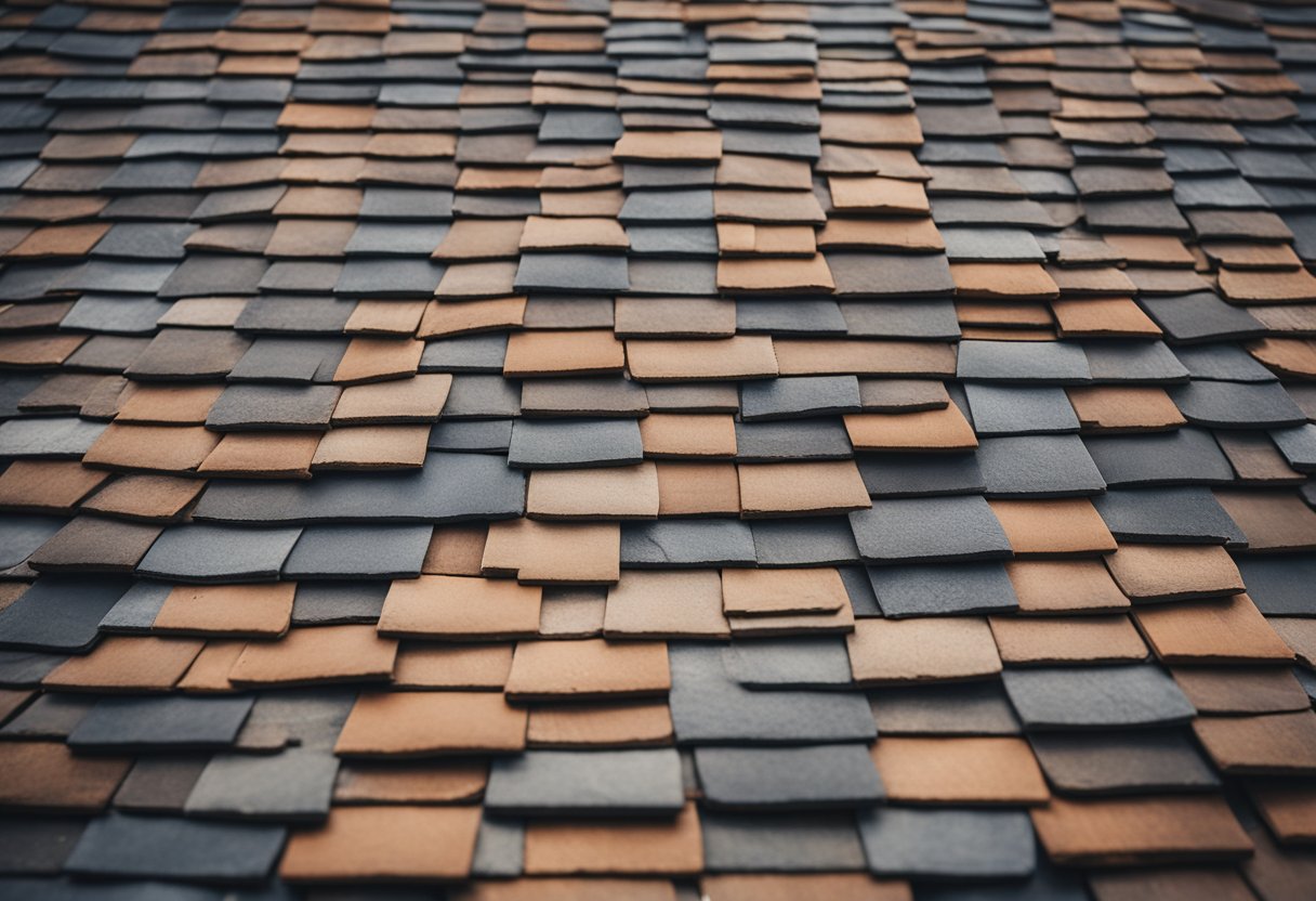 An aerial view of a roof covered in slate tiles, with varying shades and textures