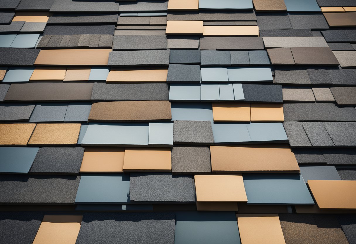 A collection of various roof slates laid out on a flat surface, with different shapes, sizes, and colors, creating a visually interesting and diverse array