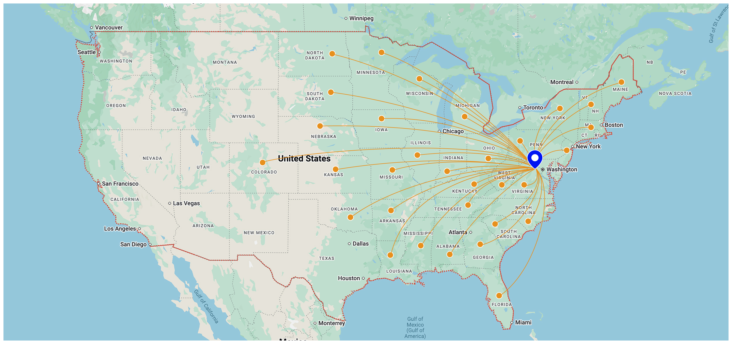 Commercial roofing service area map showing Freddy & Son projects across 37 states