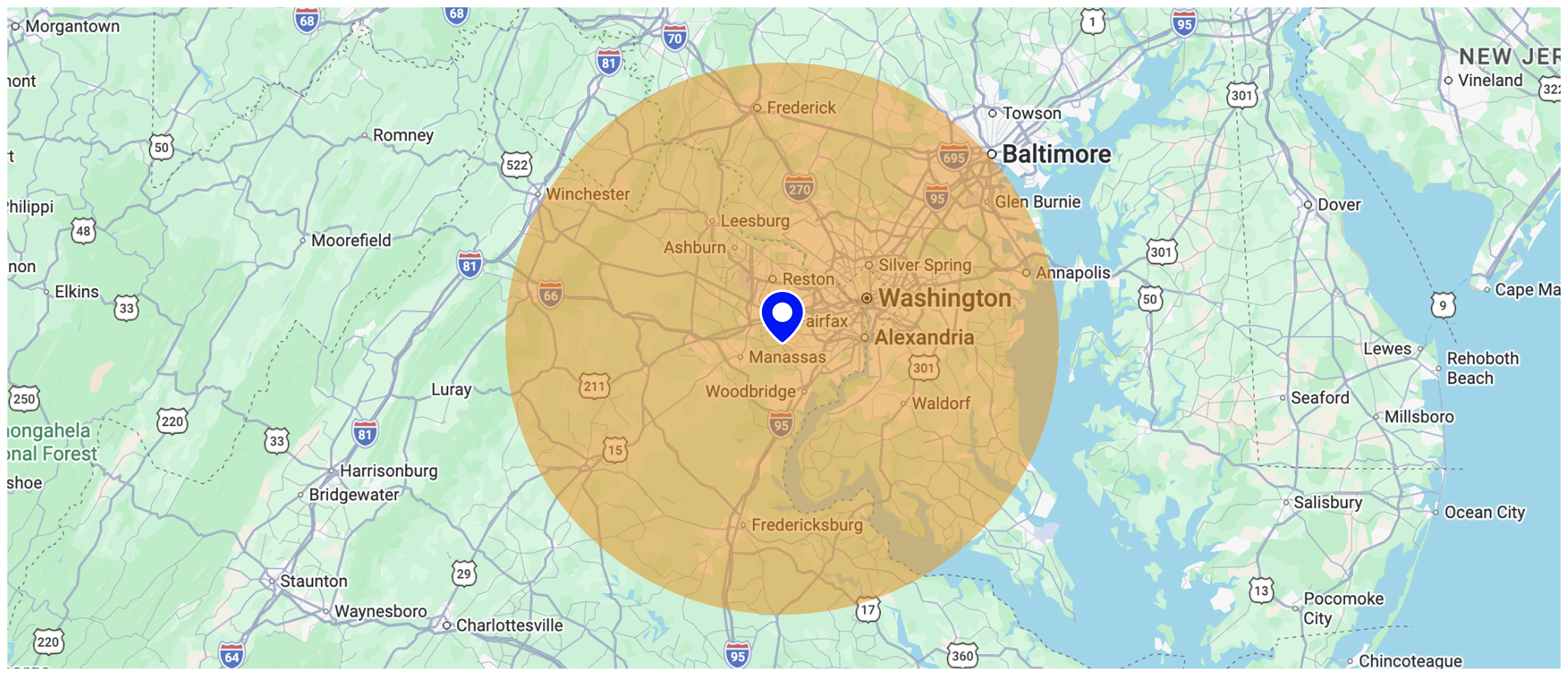 Residential roofing service area map for Freddy & Son in Northern VA