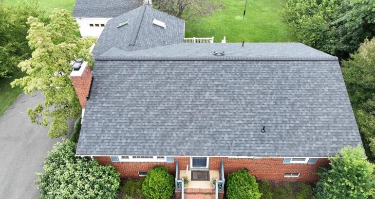 Aerial view of a new residential shingle roof