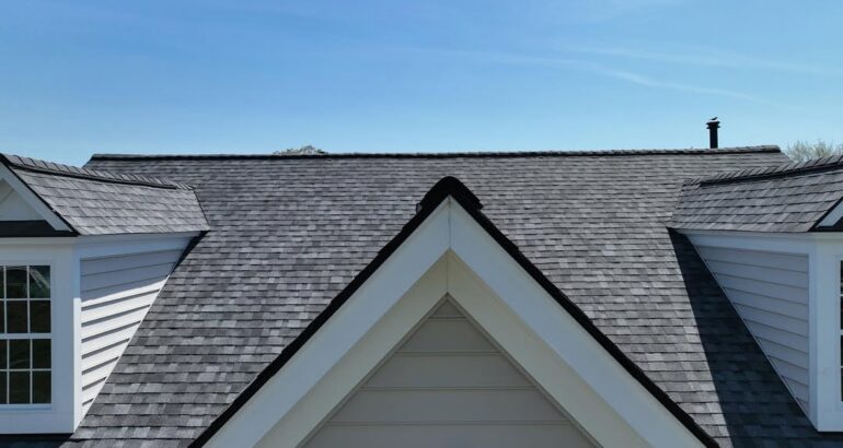 Roofline detail on a completed residential shingle roof
